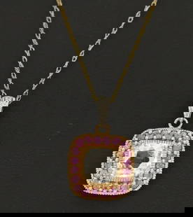 14K ROSE GOLD AQUAMARINE, PINK SAPPHIRE, & DIAMOND PENDANT W/ 18" NECKLACE: 14K ROSE GOLD AQUAMARINE, PINK SAPPHIRE, & DIAMOND PENDANT W/ 18" NECKLACE 14K Rose Gold Aquamarine, Pink Sapphire, & Diamond Pendant w/ 18" Necklace Item is in great condition. May show signs of wear