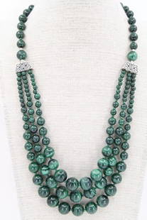 STERLING SILVER GRADUATING 4.5MM-12MM MALACHITE BEADED 3 STRAND 32" NECKLACE: STERLING SILVER GRADUATING 4.5MM-12MM MALACHITE BEADED 3 STRAND 32" NECKLACE Sterling Silver Graduating 4.5mm-12mm Malachite Beaded 3 Strand 32" Necklace Beautiful necklace in great condition. May sho