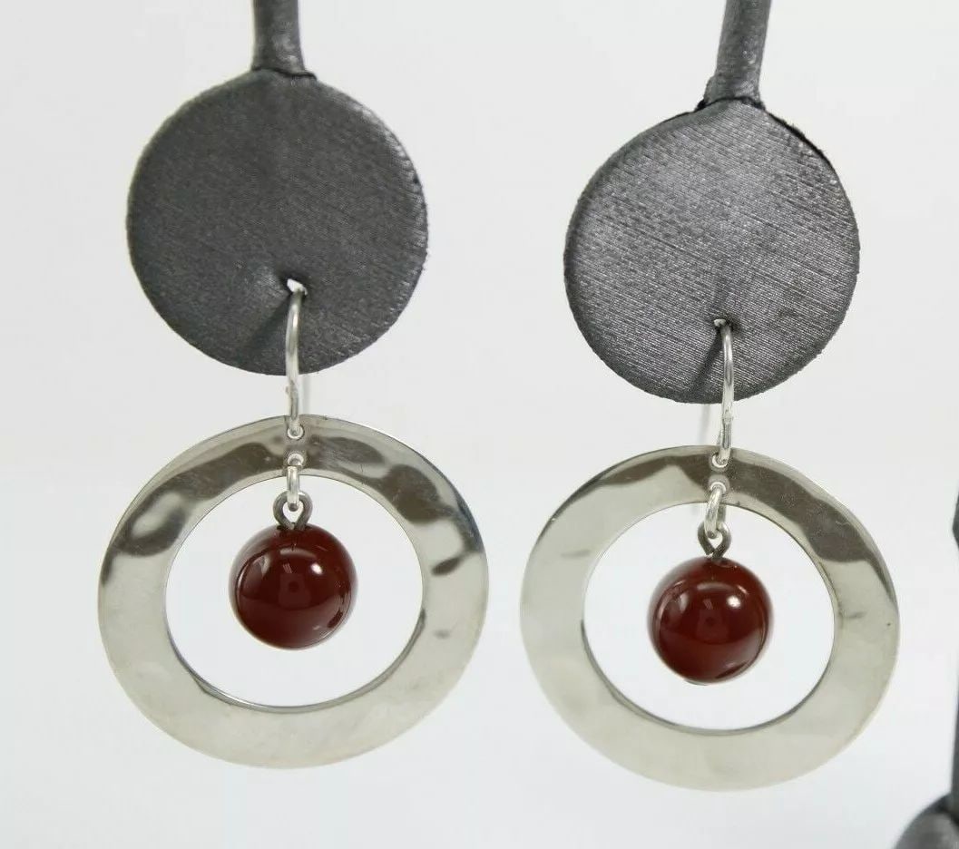RLM STUDIO STERLING SILVER HAMMERED CIRCLE EARRINGS W/ CARNELIAN BEADS: RLM STUDIO STERLING SILVER HAMMERED CIRCLE EARRINGS W/ CARNELIAN BEADS RLM Studio Robert Lee Morris Sterling Silver Hammered Circle Earrings W/Carnelian Beads Item is in great condition. May show sign