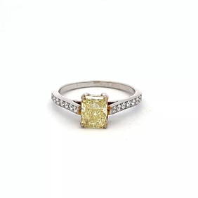 1.37 CARAT RADIANT CUT FANCY YELLOW & ROUND DIAMOND 18K GOLD/PLAT RING (1 of 2)