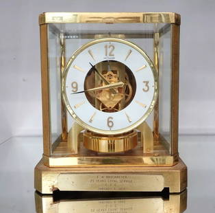 JAEGER-LECOULTRE ATMOS PERPETUAL MOTION GOLD PLATED MANTLE CLOCK CALIBER 528-8: JAEGER-LECOULTRE ATMOS PERPETUAL MOTION GOLD PLATED MANTLE CLOCK CALIBER 528-8 1950's - 1960's Jaeger-LeCoultre Atmos Perpetual Motion 24K Yellow Gold Plated Brass Mantle Clock 15 Jewels Caliber 528-8