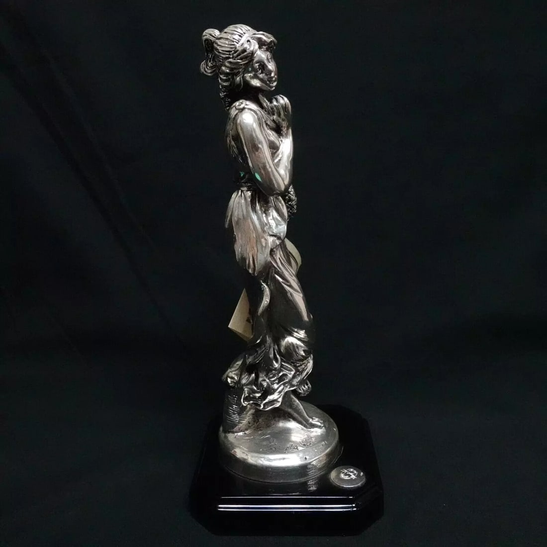 EMYL SERE PREZIOSI D'ARTE HAND CAST MARBLE SILVER OVERLAY WOMAN STATUE - 9.5": PREZIOSI D'ARTE EMYL SERE HAND CAST MARBLE SILVER OVERLAY WOMAN STATUE - 9.5" Preziosi D'Arte Emyl Sere Hand Cast Marble Silver Overlay Woman Statue with Black Wood Base Original Tag Included Height -