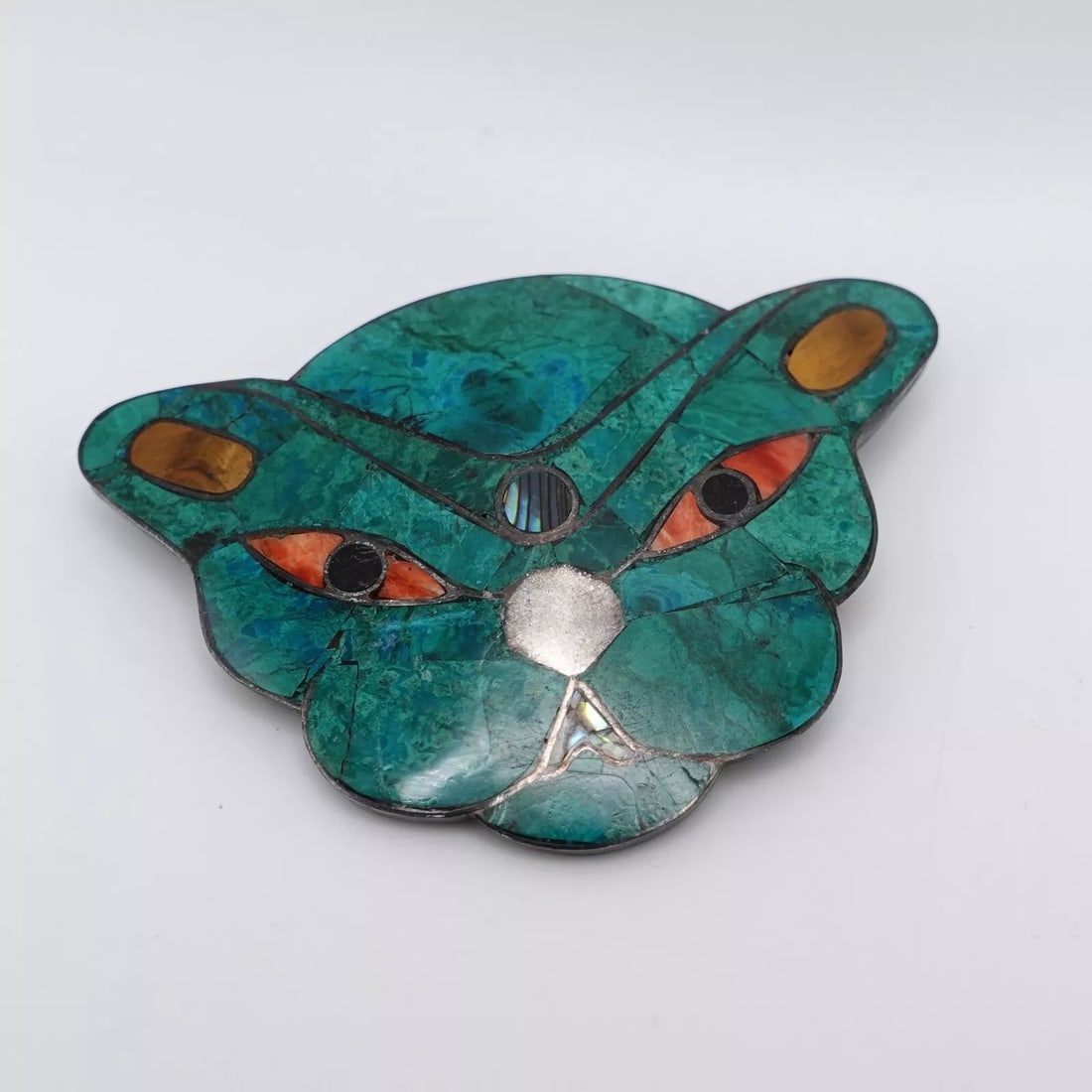 STERLING SILVER PERU GREEN MULTI GEMSTONE INLAY PANTHER CAT PIN BROOCH PENDANT (1 of 2)