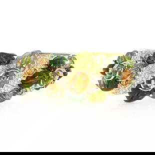 68CT DIAMOND PERIDOT & TOURMALINE 18K YELLOW GOLD LARGE FLORAL CUFF BRACELET: 68CT DIAMOND PERIDOT & TOURMALINE 18K YELLOW GOLD LARGE FLORAL CUFF BRACELET 68ct Diamond Peridot & Tourmaline 18k Yellow Gold Large Floral Cuff Bracelet Description This is a gorgeous Estate bracelet