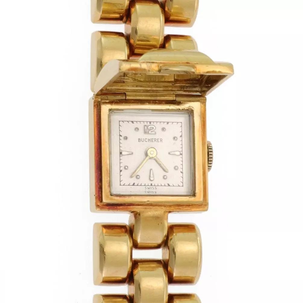 BUCHERER HIDDEN WATCH DIAMOND 18K YELLOW GOLD LADIES WIDE BAR LINK BRACELET: BUCHERER HIDDEN WATCH DIAMOND 18K YELLOW GOLD LADIES WIDE BAR LINK BRACELET Bucherer Diamond 18k Yellow Gold Hidden Watch 17mm Wide Bar Link Bracelet Description This is a vintage authentic bracelet a