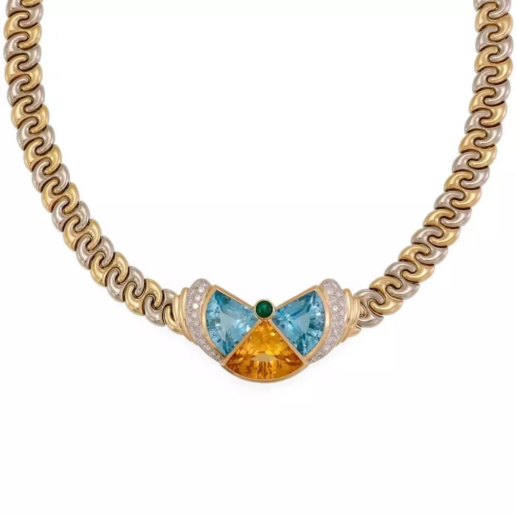 CHIMENTO 18K DIAMOND & GEMS TWO TONE GOLD FANCY COLLAR NECKLACE: CHIMENTO 18K DIAMOND & GEMS TWO TONE GOLD FANCY COLLAR NECKLACE Chimento Diamond & Gems 18k Two Tone Gold Fancy Collar Necklace Description This beautiful chic necklace is by Chimento, crafted from 18