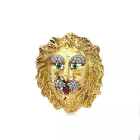 HAMMERMAN BROTHERS DIAMOND EMERALD RUBY 18KGOLD LARGE LION HEAD PENDANT PIN (1 of 2)