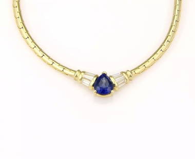 DIAMOND SAPPHIRE 18K YELLOW GOLD PEAR SHAPE PENDANT NECKLACE: DIAMOND SAPPHIRE 18K YELLOW GOLD PEAR SHAPE PENDANT NECKLACE Estate 3.45ct Diamond Sapphire 18K Yellow Gold Pear Shape Pendant Necklace Description This stunning necklace is finely crafted from 18k ye
