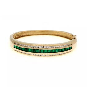 ESTATE 5.50CT DIAMOND & EMERALD 14K YELLOW GOLD BANGLE BRACELET (1 of 2)