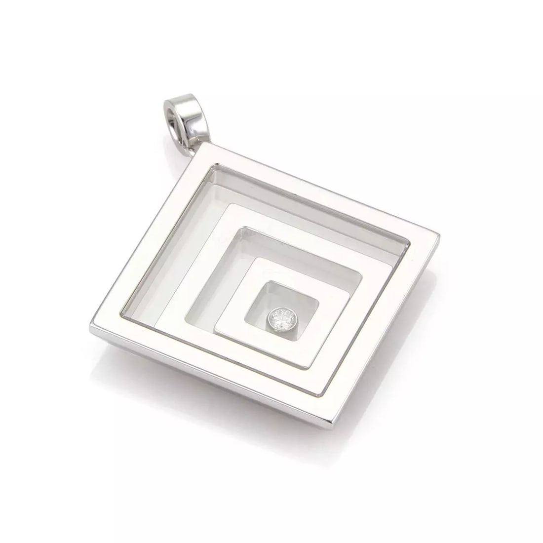 CHOPARD HAPPY SPIRIT DIAMOND 18K WHITE GOLD TRIPLE SQUARE MAZE PENDANT: CHOPARD HAPPY SPIRIT DIAMOND 18K WHITE GOLD TRIPLE SQUARE MAZE PENDANT Chopard Happy Spirit Diamond 18k White Gold Triple Square Maze Pendant Description This is an authentic pendant by Chopard from t