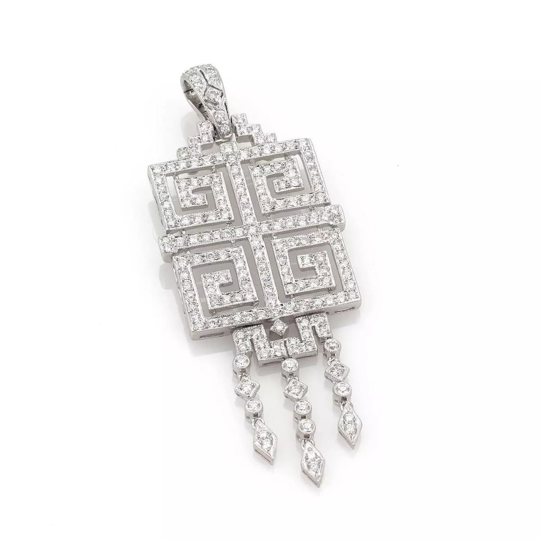 18K WHITE GOLD 3 CARATS DIAMOND FANCY MAZE DESIGN DANGLE PENDANT: 18K WHITE GOLD 3 CARATS DIAMOND FANCY MAZE DESIGN DANGLE PENDANT 18k White Gold 3 Carats Diamond Fancy Maze Design Dangle Pendant Description This amazing pendant is crafted from 18k white gold with a