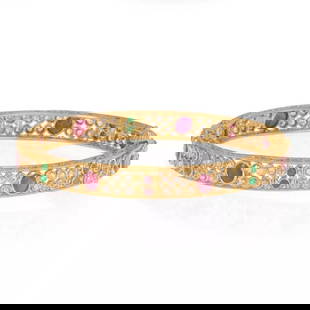VINTAGE ROSE CUT DIAMOND RUBY EMERALD 22K GOLD FILIGREE BANGLE: VINTAGE ROSE CUT DIAMOND RUBY EMERALD 22K GOLD FILIGREE BANGLE Vintage Rose Cut Diamond Ruby Emerald 22k Gold Filigree Bangle Description This is a beautiful migraine design wide hinge bangle, crafted