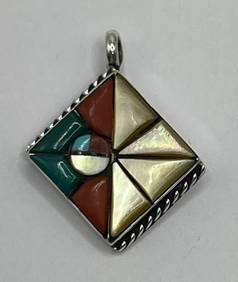 STERLING SILVER PENDANT WITH MULTI-COLORED INLAY STONES (1 of 2)