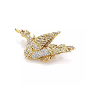LOVELY 1.82CT DIAMOND RUBY 18K YELLOW GOLD SWAN BROOCH PIN LIQUIDATION! (1 of 2)
