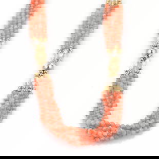 14K CORAL PEARLS NECKLACE BEADED MULTI-STRAND IN YELLOW GOLD: 14K CORAL PEARLS NECKLACE BEADED MULTI-STRAND IN YELLOW GOLD Estate 14k Gold Rice Pearls Coral Beaded Multi-Strand Necklace LIQUIDATION! Description This is a gorgeous long vintage necklace, it has 4