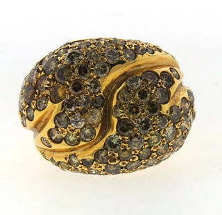 TRENDY "HA" 18K YELLOW GOLD & BROWN DIAMOND RING CIRCA 1980S: TRENDY "HA" 18K YELLOW GOLD & BROWN DIAMOND RING CIRCA 1980S 8k Gold & Diamond “Ha” Ring Circa 1980s Wonderful ring that is a necessity in your collection. The height is ¾ of an inch. T