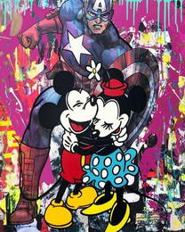 LRG JOZZA MIXED MEDIA MICKEY MOUSE CAPTAIN AMERICA PAINTING