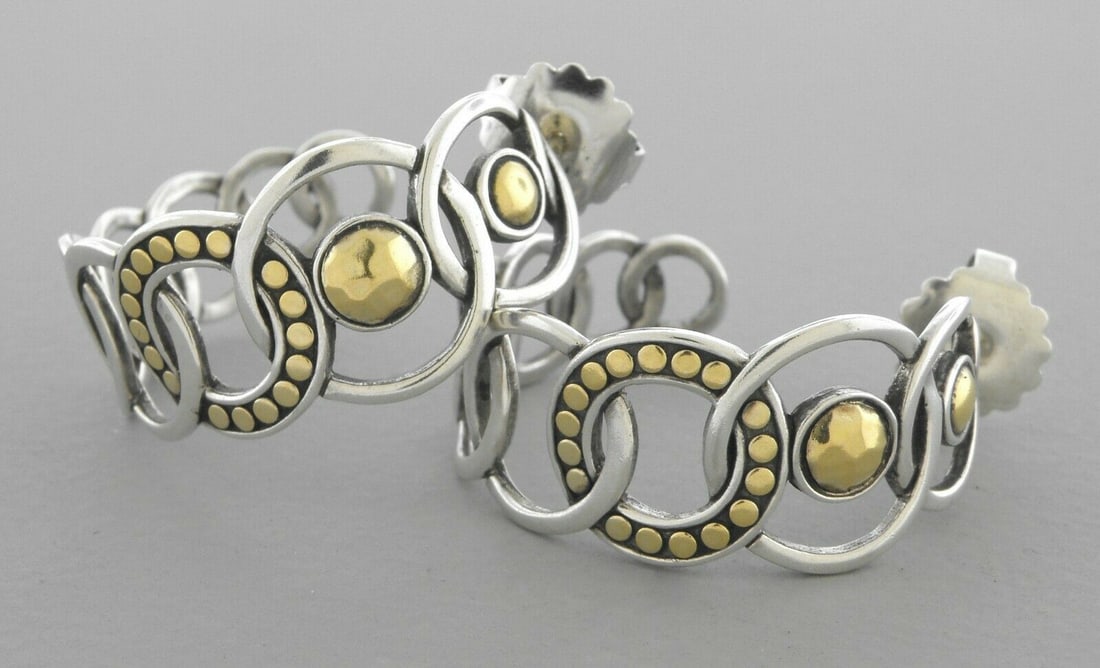 JOHN HARDY 22K GOLD STERLING SILVER DOT HOOP EARRINGS: JOHN HARDY 22K GOLD STERLING SILVER HOOP EARRINGS Earrings measure 1.23" in diameter x 0.55" WideJohn Hardy 22k Yellow gold & Sterling silver hoop earringsPre-owned in good condition, please refer to