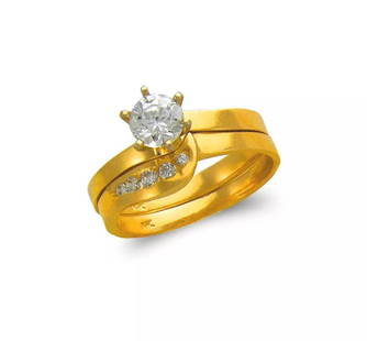 NEW 14K YELLOW GOLD LADIES FASHION SOLITAIRE CZ RING: NEW 14K YELLOW GOLD LADIES FASHION SOLITAIRE CZ RING 14K Yellow Gold Size 7 Approx. 3mm Center, 3mm Bands High Polished/Cubic Zirconia Two-Piece Ring Available in White Gold Weight: 5 Grams