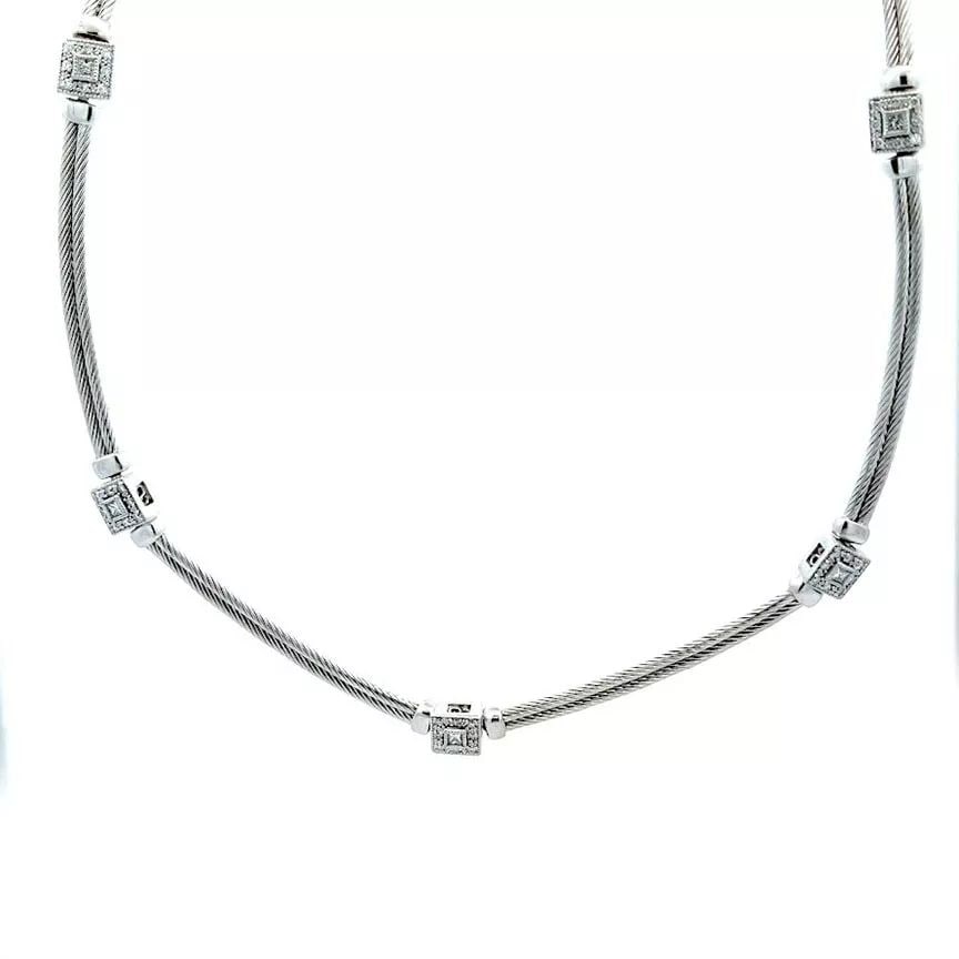 PHILIPPE CHARRIOL DIAMOND 18K WHITE GOLD CUBE MOTIFS DOUBLE CABLE NECKLACE: PHILIPPE CHARRIOL DIAMOND 18K WHITE GOLD CUBE MOTIFS DOUBLE CABLE NECKLACE This lovely authentic collar necklace is by Philippe Charriol, it is crafted from 18k white gold with a fine polished finish