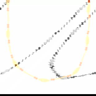 VINTAGE 18K YELLOW GOLD CORAL BEAD & BAR LINK NECKLACE 32" LONG: VINTAGE 18K YELLOW GOLD CORAL BEAD & BAR LINK NECKLACE 32" LONG Vintage 18k Yellow Gold Coral Bead & Bar Link Necklace 32" long Description This is a beautiful vintage chain necklace, it is crafted fr