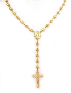 CRUCIFIX GOLD ROSARY MEDALLION NECKLACE 17K YELLOW BEAD CHAIN: CRUCIFIX GOLD ROSARY MEDALLION NECKLACE 17K YELLOW BEAD CHAIN This charming rosary necklace is crafted from 17k yellow gold with a polished finish. The hallow beaded necklace is 24 inches wearable len