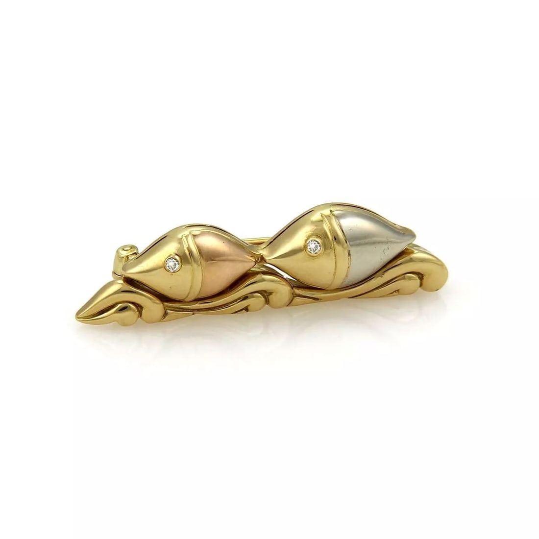 BVLGARI BULGARI NATURALIA DIAMOND 18K TRI-COLOR GOLD DOUBLE FISH BROOCH (1 of 2)