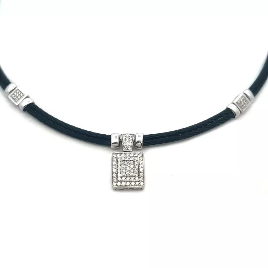 CHARRIOL DIAMOND GOLD NECKLACE ENHANCER 18K WHITE STEEL CABLE STRANDS: Charriol Diamond Gold Necklace Enhancer 18k White Steel Cable Strands This gorgeous Charriol necklace features 18k white gold capped accent between each section of the double darkened steel necklace,
