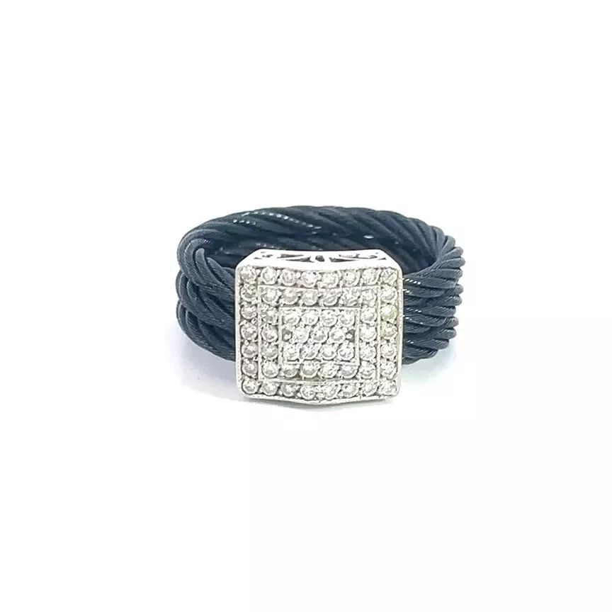 CHARRIOL DIAMOND GOLD RING 18K WHITE STEEL TRIPLE CABLE STYLE: Charriol Diamond Gold Ring 18k White Steel Triple Cable Style This is an authentic ring by Charriol, it has triple darkened cable steel band. The front has a rectangle shape frame in 18k white gold wi