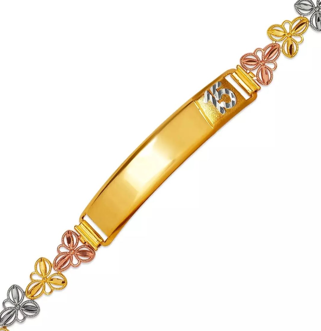 NEW 14K TRI COLOR GOLD FACETED DIAMOND CUT 15 ANOS ID BRACELET 7 mm (1 of 2)