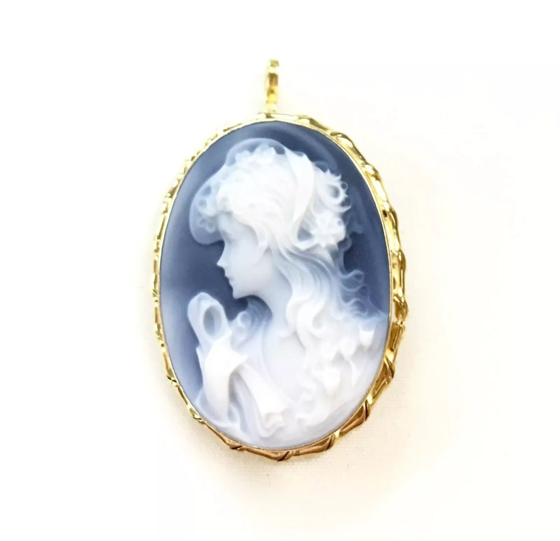 18K YELLOW GOLD PENDANT/BROOCH WITH AGATE CAMEO (1 of 2)