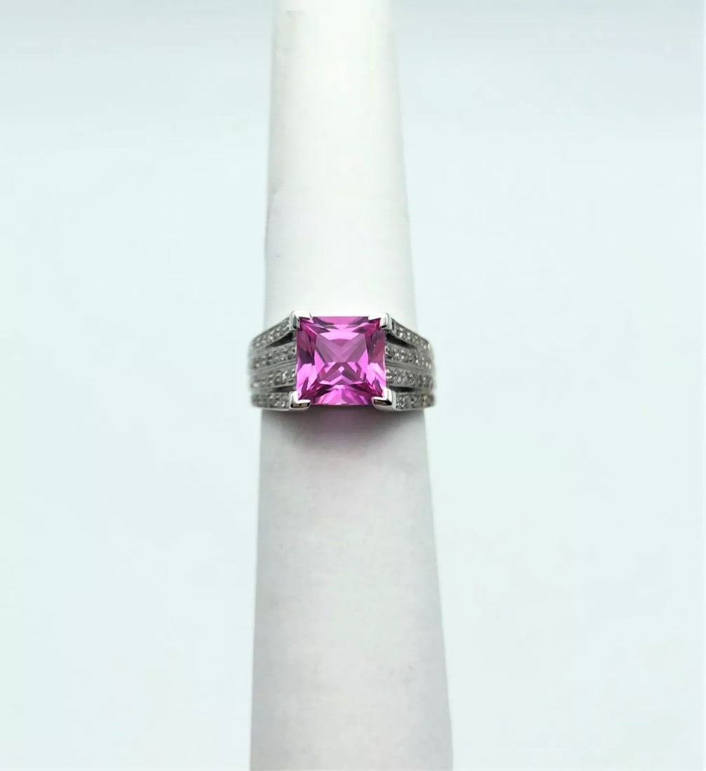 10K WHITE GOLD RING WITH DIAMOND AND PINK SYNTHETIC SAPPHIRE (SIZE: 5.5) (1 of 2)