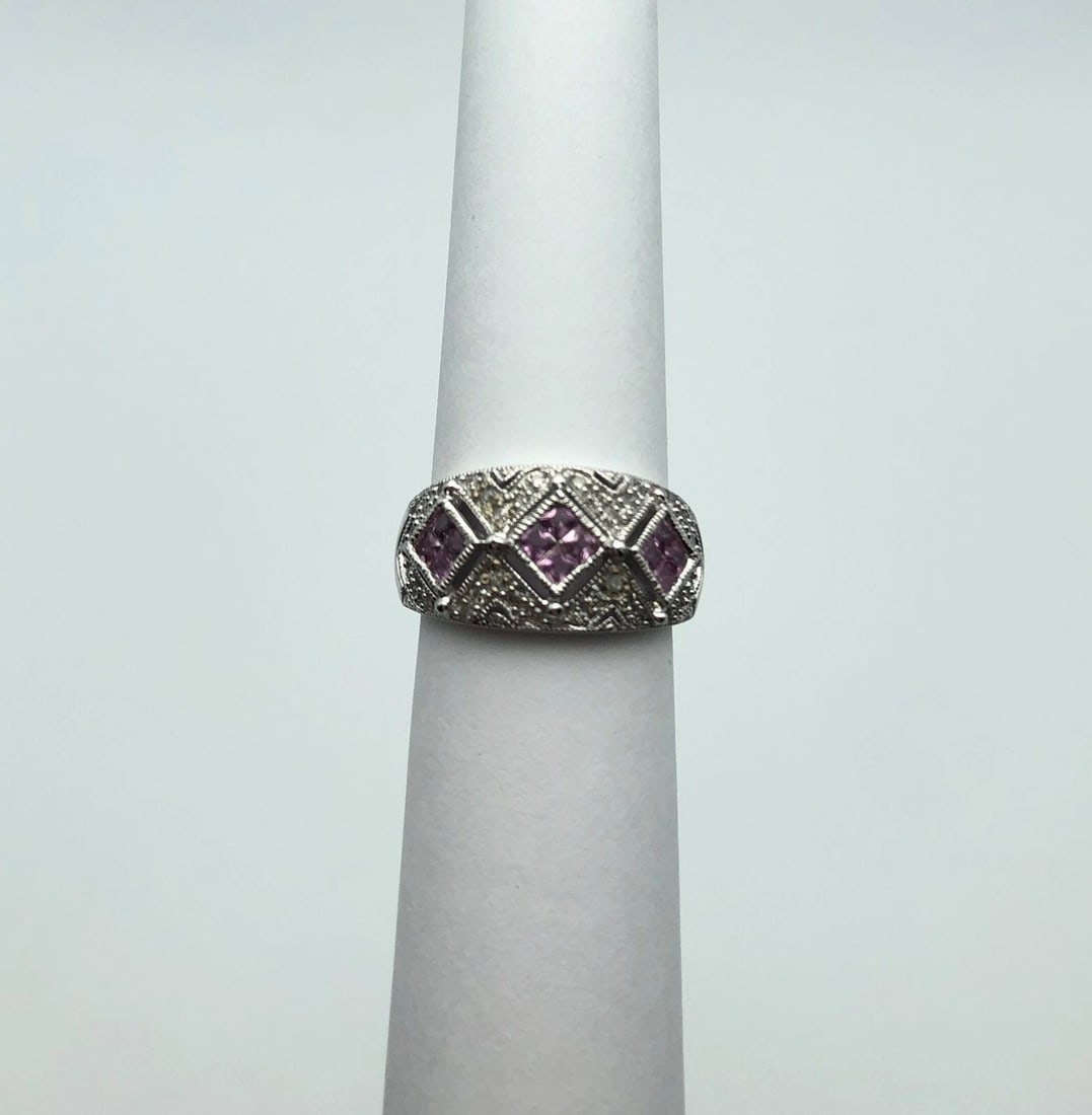 14K WHITE GOLD RING WITH DIAMONDS AND NATURAL PINK SAPPHIRES (SIZE: 7) (1 of 2)