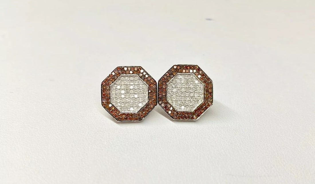 10K WHITE GOLD EARRINGS WITH ORANGE/RED AND WHITE DIAMONDS (1 of 2)