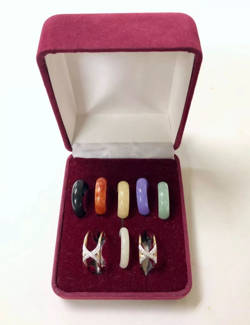 14K YELLOW GOLD DIAMOND 7 MULTI COLOR INTERCHANGEABLE JADE RING SET (1 of 2)