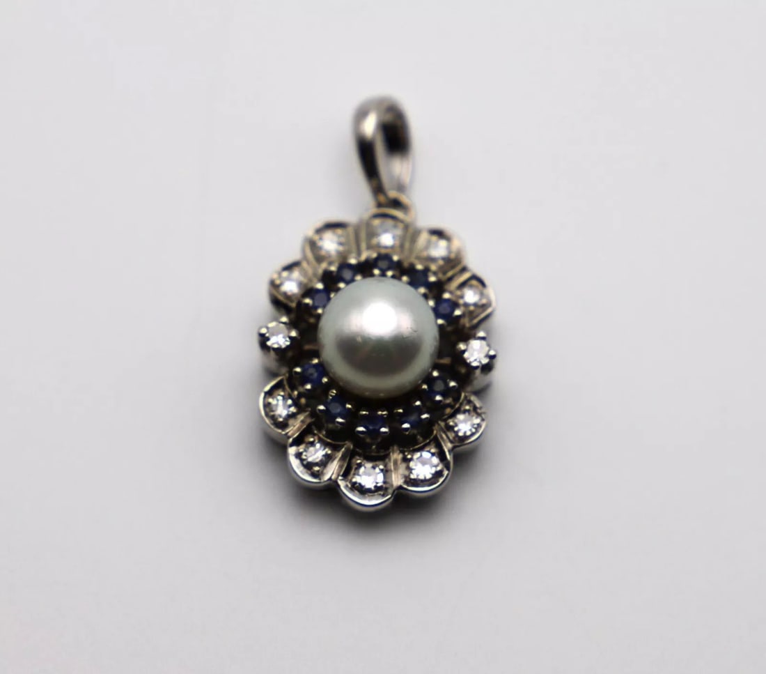 14K WHITE GOLD PENDANT WITH PEARL, NATURAL SAPPHIRE AND 0.33CT DIAMONDS (1 of 2)