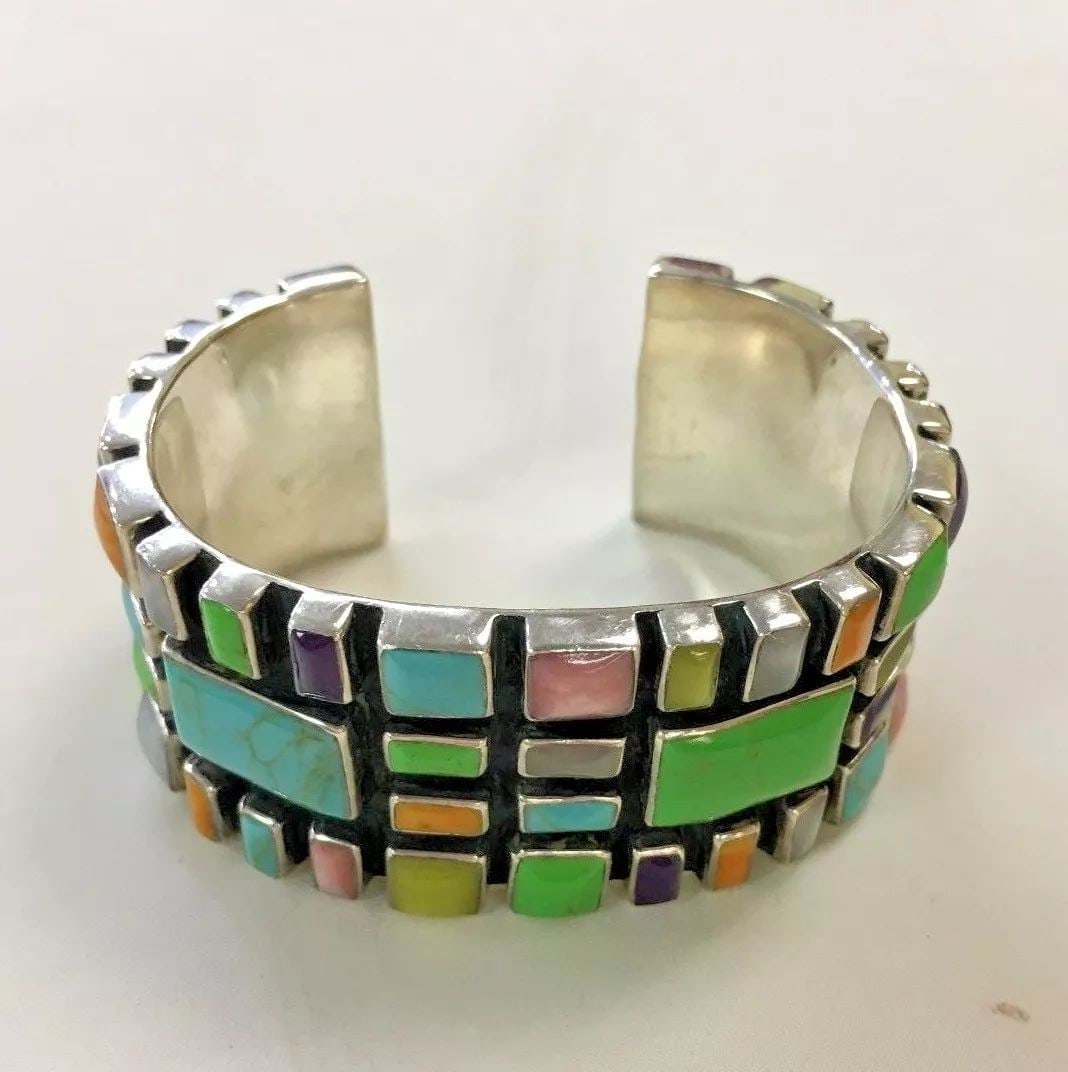 STERLING SILVER CUFF/BRACELET NATURAL GEMSTONE BEZEL SET EXCELLENT CRAFTSMANSHIP (1 of 2)
