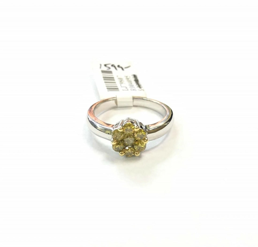 14K WHITE GOLD RING FLOWER STYLE WITH YELLOW DIAMONDS (SIZE: 6.5) (1 of 2)