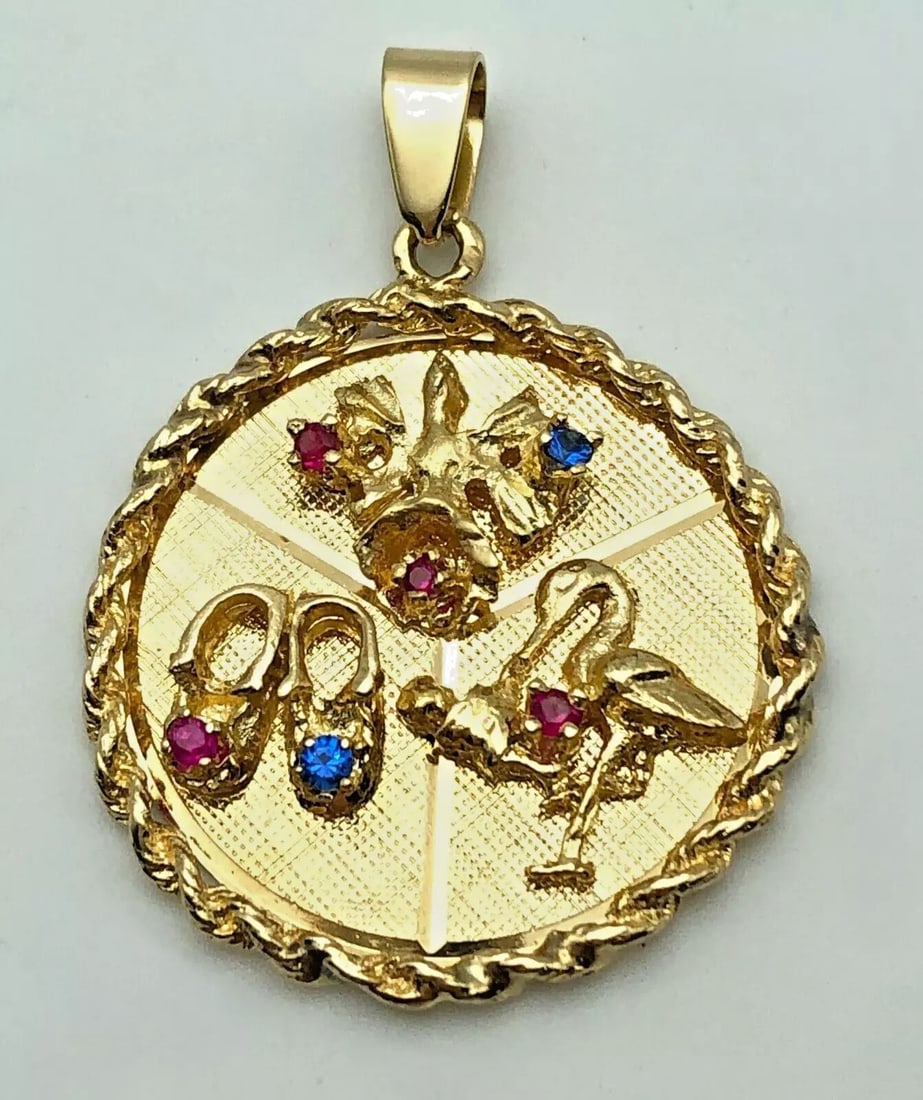 14K GOLD PENDANT FLAMINGO/SHOES/TREE WITH 0.12CTS OF RUBIES/BLUE TOPAZ 6.9 GRAMS (1 of 2)
