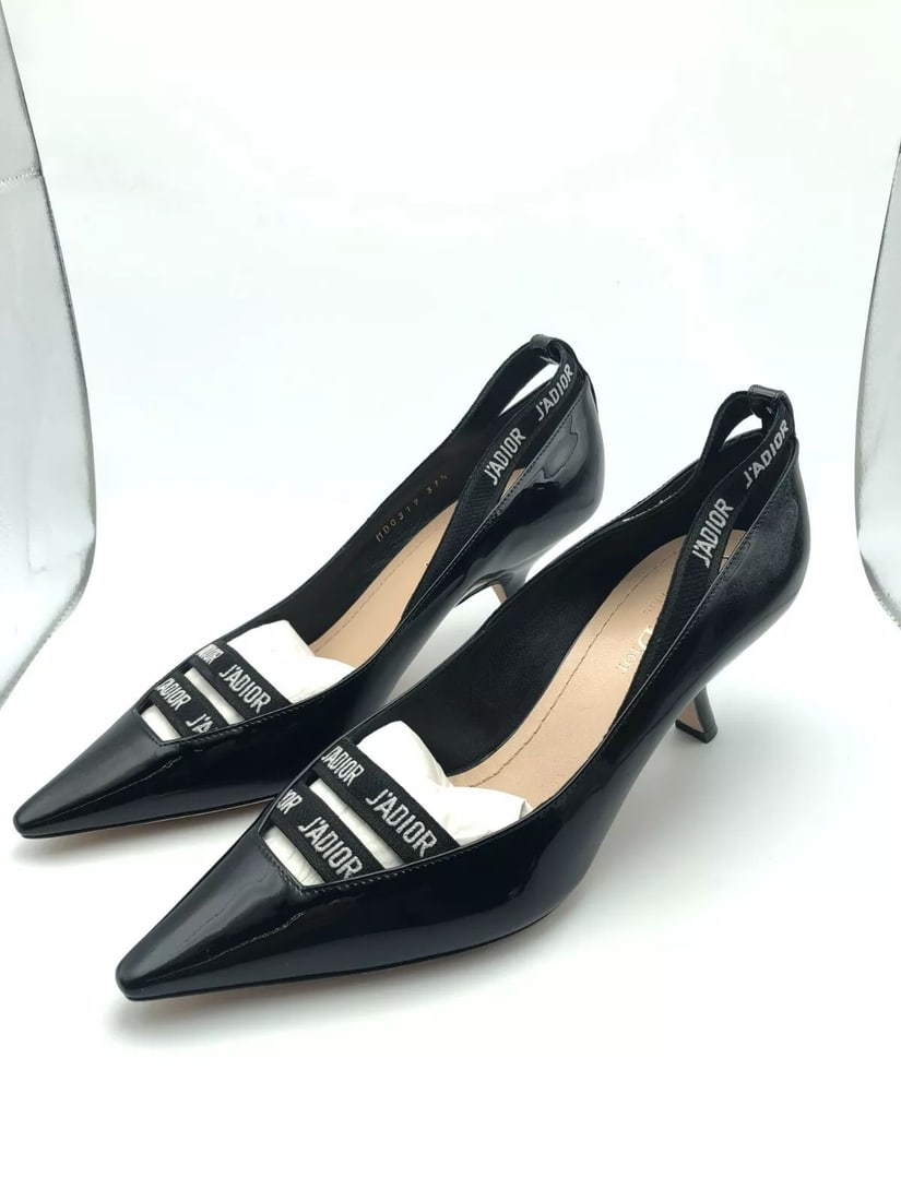 CHRISTIAN DIOR BLACK LEATHER J'ADIOR RIBBON POINTED TOE PUMPS (SIZE: 37.5) (1 of 2)