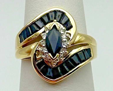 10K GOLD COCKTAIL RING WITH BLACK SAPPHIRE AND 0.18CTS OF DIAMONDS SIZE: 5: 10K GOLD COCKTAIL RING WITH BLACK SAPPHIRE AND 0.18CTS OF DIAMONDS SIZE: 5 10k Gold Ring with Black Sapphire and 0.18cts of Diamonds Condition: Used, has been cleaned Material: 10k Yellow Gold Ring Si