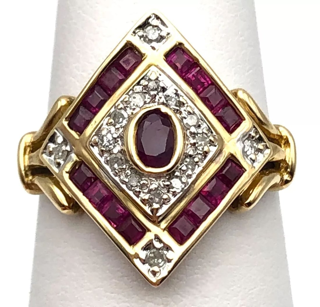 14K GOLD KITE SHAPED RING SET WITH NATURAL RUBIES AND 0.16CTS DIAMONDS SIZE: 6.5 (1 of 2)