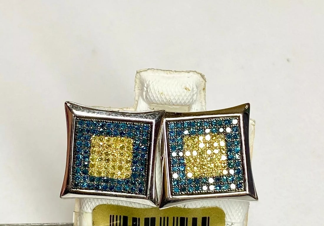 10K WHITE GOLD EARRINGS WITH YELLOW AND BLUE DIAMONDS NEW (1 of 2)