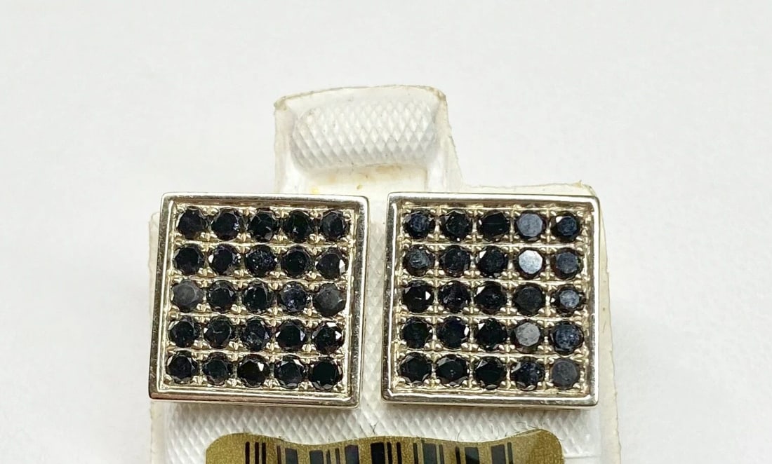 10K WHITE GOLD EARRINGS, 1.35CT, 50 BLACK ROUND CUT DIAMONDS NEW (1 of 2)