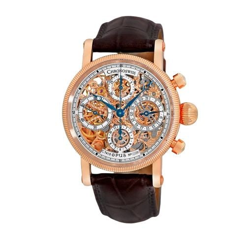 CHRONOSWISS 18K ROSE GOLD "OPUS" SKELETON CHRONOGRAPH CH 7521 BOX WARRANTY: CHRONOSWISS 18K ROSE GOLD "OPUS" SKELETON CHRONOGRAPH CH 7521 BOX WARRANTY CHRONOSWISS 18K Rose Gold "Opus" Skeleton Chronograph CH 7521 Box Warranty Gent's 18K Rose Gold 38mm Chronoswiss Skeleton "Op