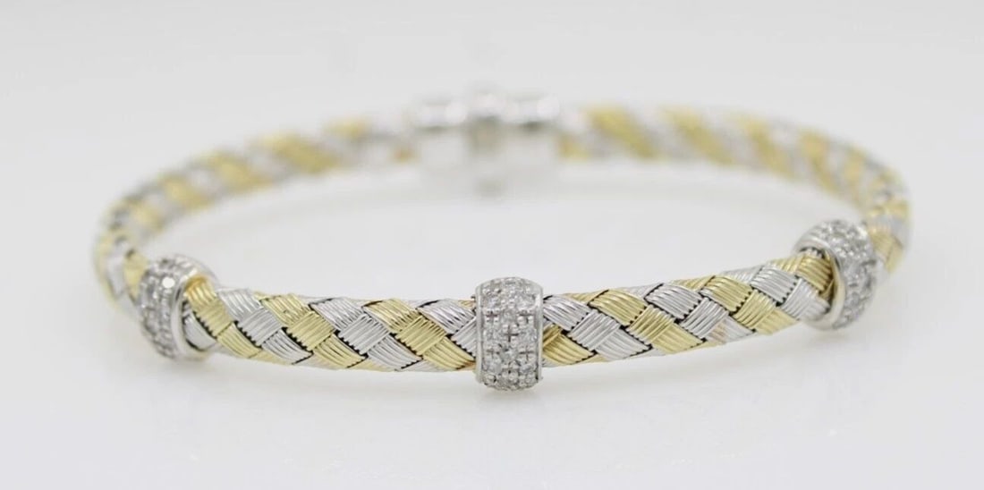 14K TWO TONE GOLD 5MM DIAMOND MESH BANGLE BRACELET 6.25" ~ 14.7 GRAMS (1 of 2)