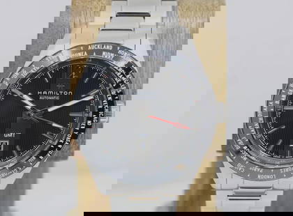 HAMILTON BROADWAY GMT 46MM BLACK DATE DIAL LIMITED AUTOMATIC WATCH H437250: HAMILTON BROADWAY GMT 46MM BLACK DATE DIAL LIMITED AUTOMATIC WATCH H437250 Description Hamilton Broadway GMT 46mm Black Date Dial Limited Automatic Watch H437250 The watch has been used previously. Th