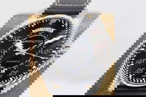 HAMILTON KHAKI AVIATION PILOT 42 MM DAY/DATE BLACK DIAL AUTOMATIC WATCH W/ BOX: HAMILTON KHAKI AVIATION PILOT 42 MM DAY/DATE BLACK DIAL AUTOMATIC WATCH W/ BOX Description Hamilton Khaki Aviation Pilot 42 mm Day/Date Black Dial Automatic Watch W/ Box The watch has been used previo