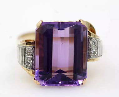 VINTAGE 18K YELLOW GOLD AMETHYST & DIAMOND COCKTAIL RING SIZE 7 ~ 8.2 GRAMS: VINTAGE 18K YELLOW GOLD AMETHYST & DIAMOND COCKTAIL RING SIZE 7 ~ 8.2 GRAMS Description Vintage 18K Yellow Gold Amethyst & Diamond Cocktail Ring The ring is in great condition. May show signs of wear.