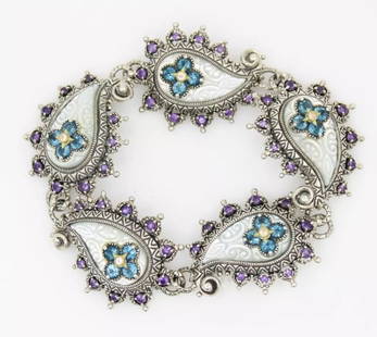 BARBARA BIXBY STERLING & 18K BLUE TOPAZ, AMETHYST, & MOP PAISLEY BRACELET 7": BARBARA BIXBY STERLING & 18K BLUE TOPAZ, AMETHYST, & MOP PAISLEY BRACELET 7" Description Barbara Bixby Sterling & 18K Blue Topaz, Amethyst, & MOP Paisley Bracelet Designer bangle bracelet in great con